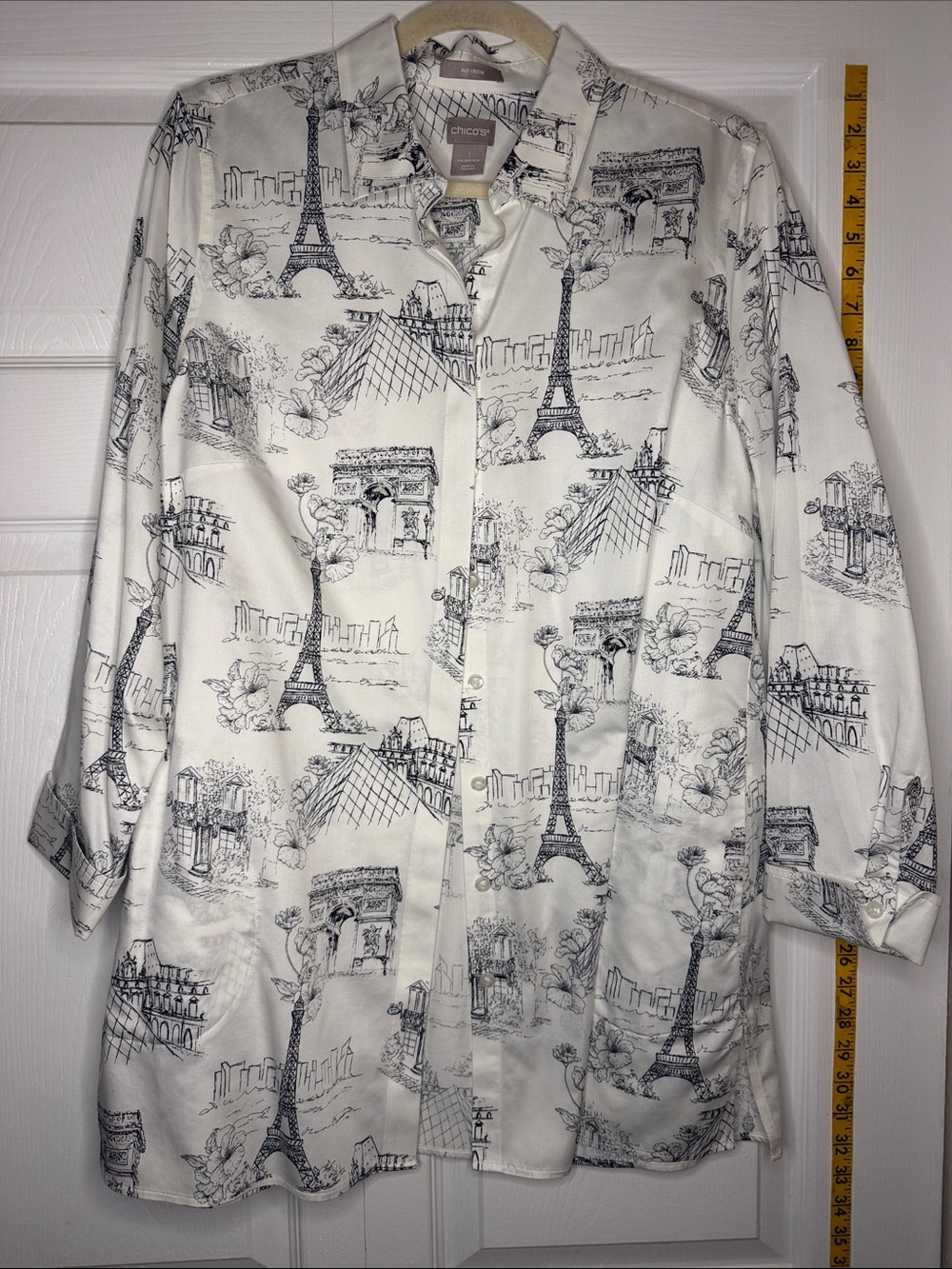 Chico's White and Black Paris Print Lightweight Shirt - No Iron
